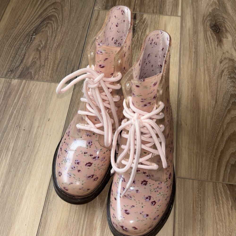 ROCK CANDY Transparent Clear Jelly Pink Floral Waterproof Combat Rain Boots 33